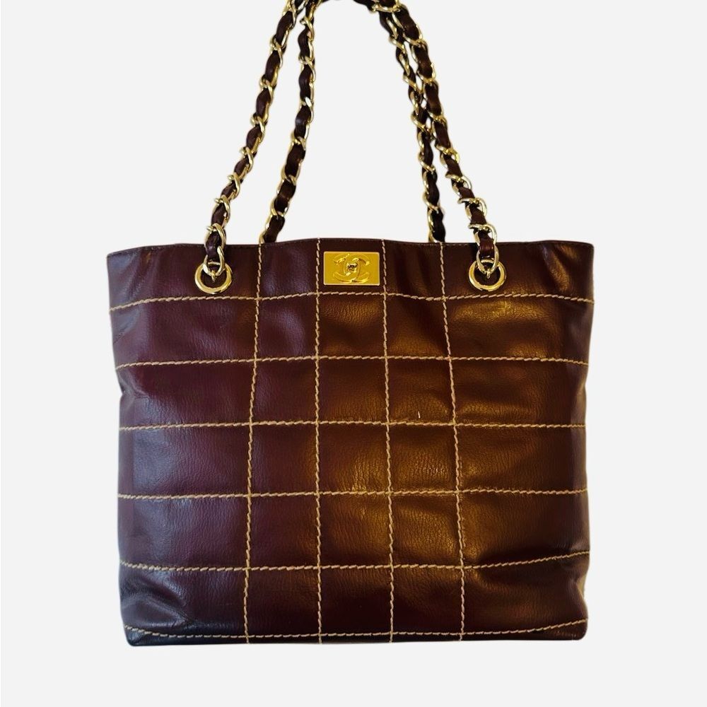CHANEL Quilted Brown Leather Tote with Gold Chain Handles